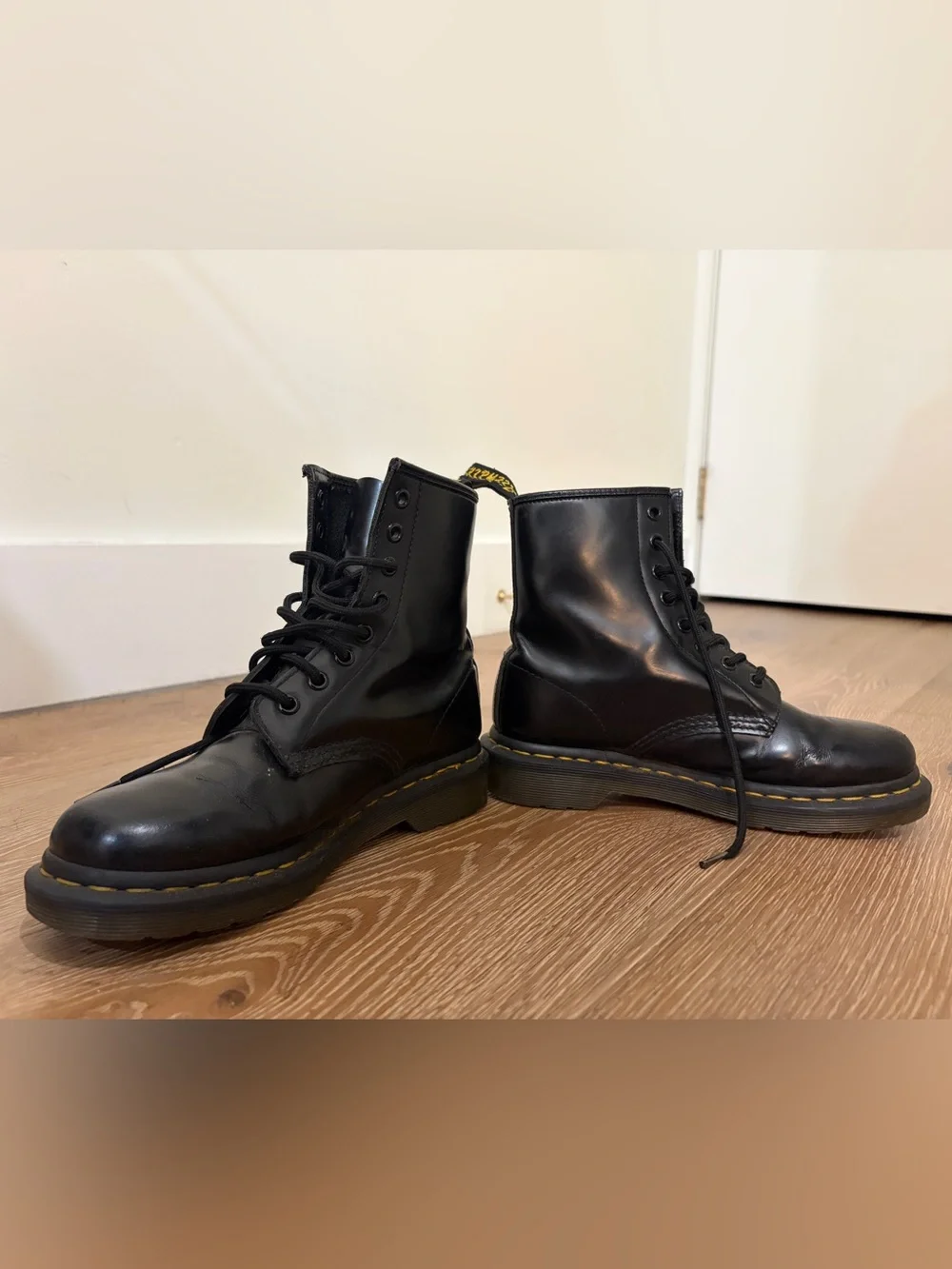 Dr. Martens Black Leather Lace-Up Boots with Yellow Stitching